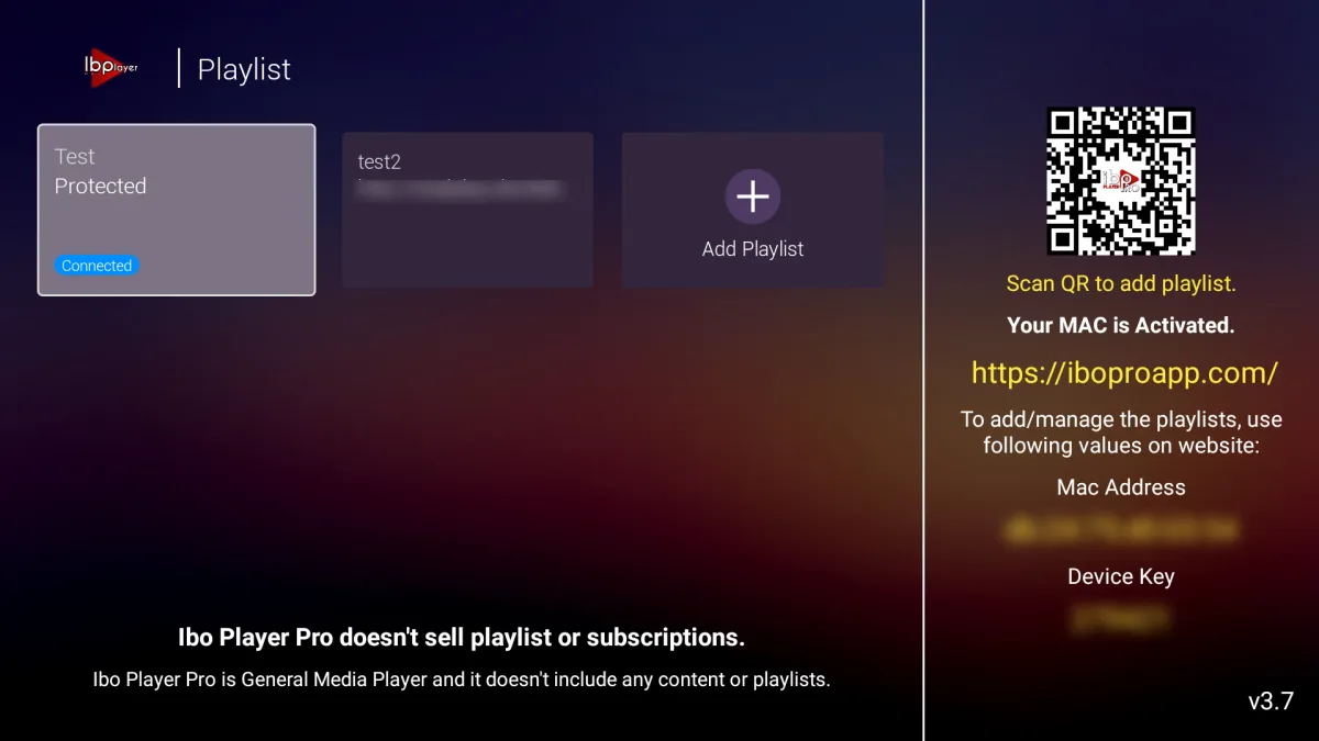 IBO Player: MAC-adres, Device Key en de melding dat het apparaat is geactiveerd